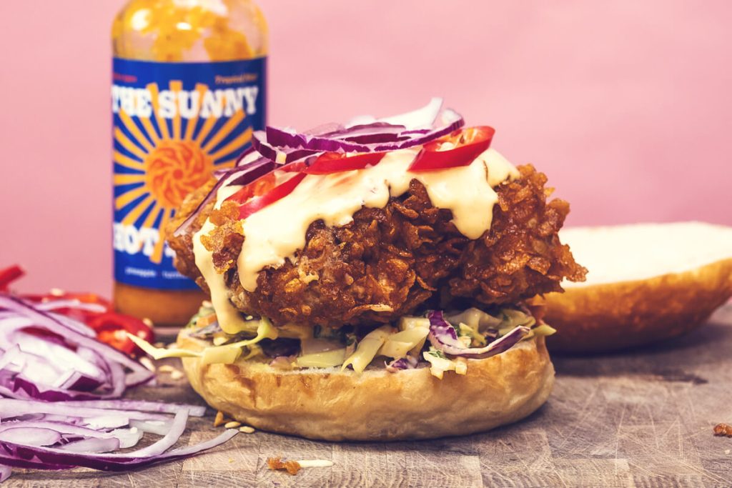 indian fried chicken burger met the sunny hot sauce